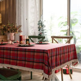 Toalha de Mesa Natal Linho Algodão Xadrez com Franjas