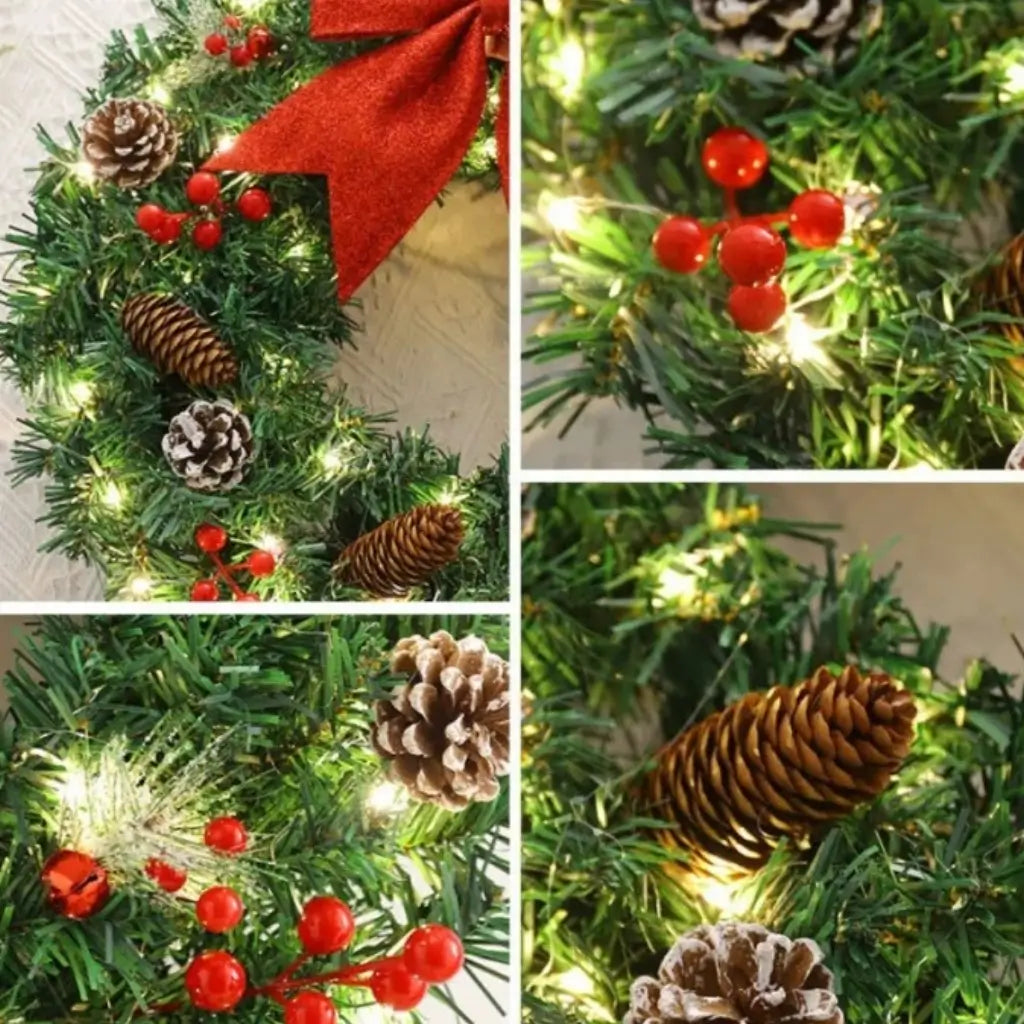 Guirlanda de Natal com Laço Vermelho Coroa Iluminada Merry Christmas Tazmo Mostrando Detalhes da Guirlanda 