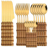 Talheres Dourado com Cabo de Bambu 24PÇ