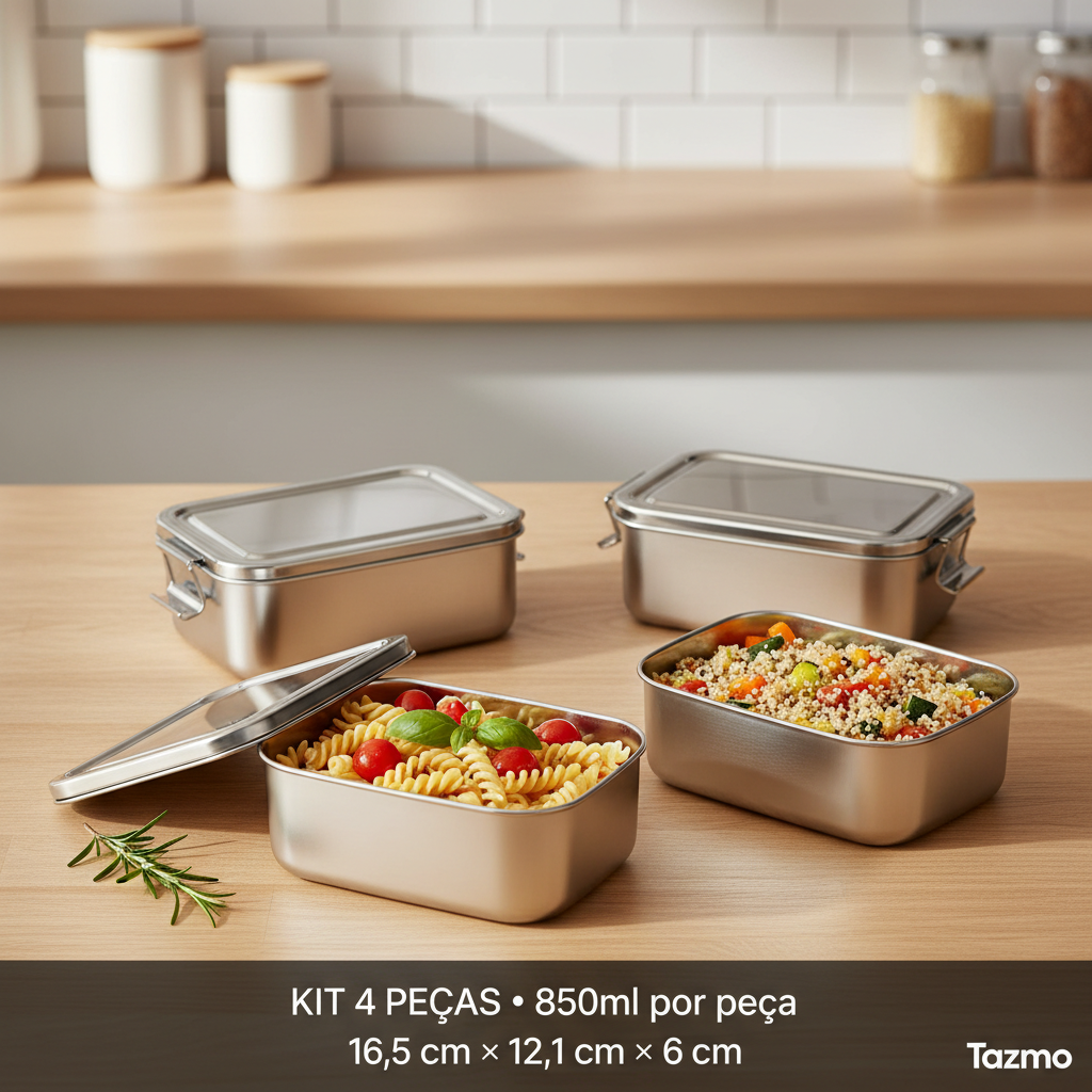 Marmita inox lunch box tazmo casa Kit 4PÇ 850ml para organizar e levar melhor suas refeições ao trabalho ou faculdade 