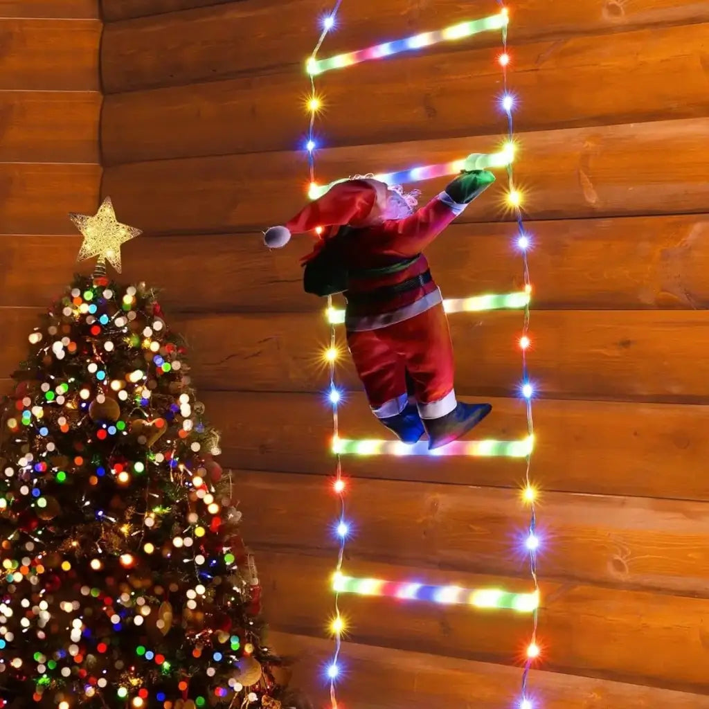 Papai Noel na Escada Decoração de Natal Luz Led Merry Christmas  Colorida 150cm Largura 