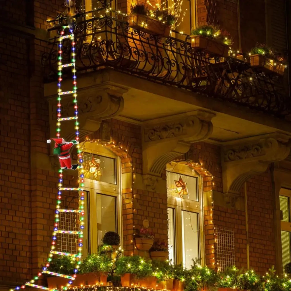 Papai Noel na Escada Decoração de Natal Luz Led Merry Christmas Pendurado na Varanda de Casa 
