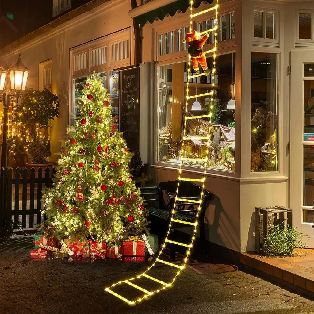Papai Noel na Escada Decoração de Natal Luz Led Merry Christmas Enfeite de Natal Pendurada na Janela de Casa 