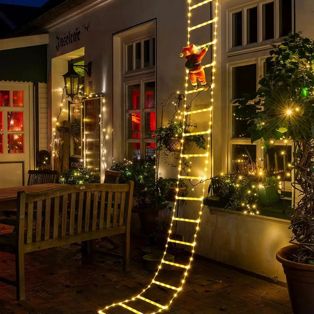 Papai Noel na Escada Decoração de Natal Luz Led Merry Christmas Pendurada na Janela da Varanda da Casa 