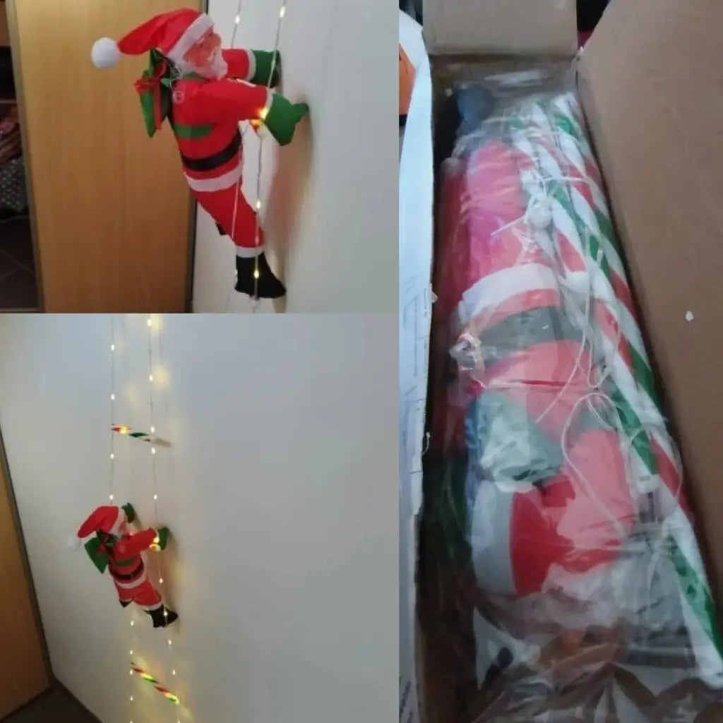 decoração natal papai noel na escada loja tazmo casa aceso a noite com luz led colorida fotos real do produto e embalagem 