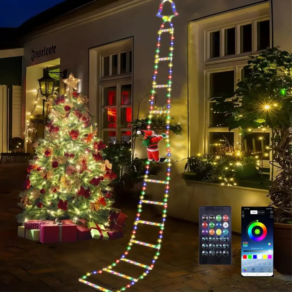 Papai Noel na Escada Decoração de Natal Luz Led Merry Christmas Papai Noel Iluminação Jardins Tazmo Casa