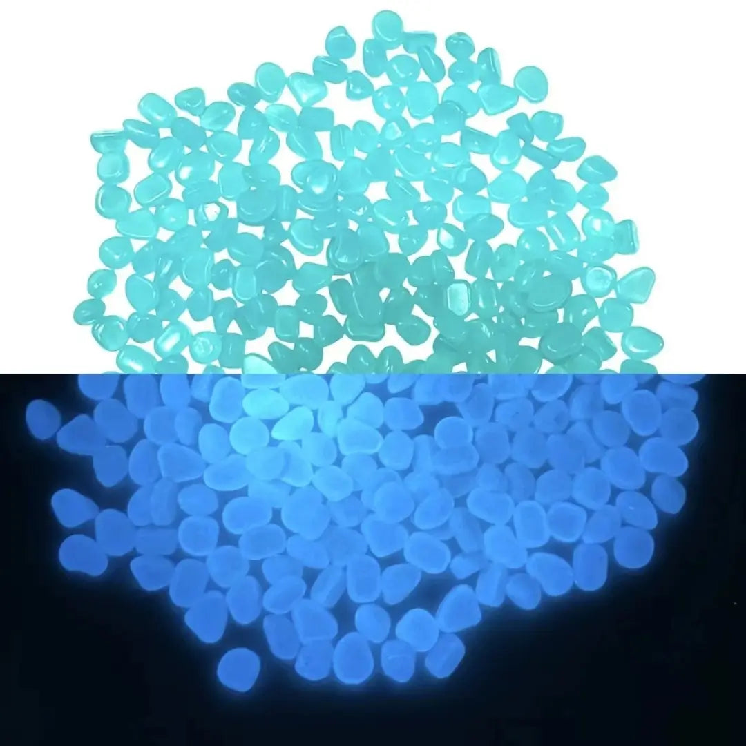 Pedras luminosas para jardim seixos decorativos 500 peças tazmo casa azul acesa e apagada 