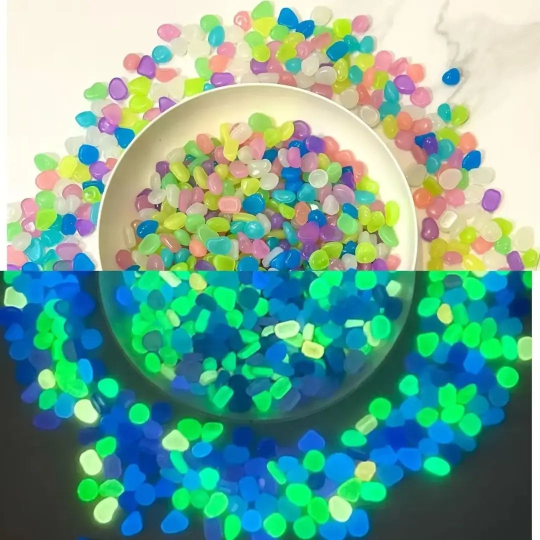 Pedras luminosas para jardim seixos decorativos 500 peças tazmo casa  colorida mostrando com e sem luz 