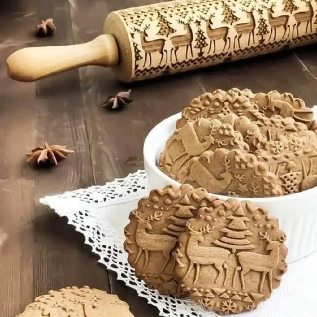 Rolo massa biscoito decorado pino artesanal de madeira 5 designs natalino  