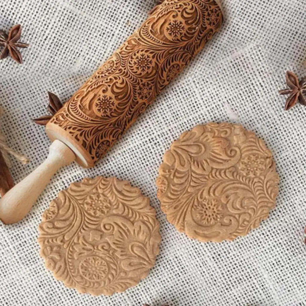 Rolo massa biscoito decorado pino artesanal de madeira 5 designs florais 