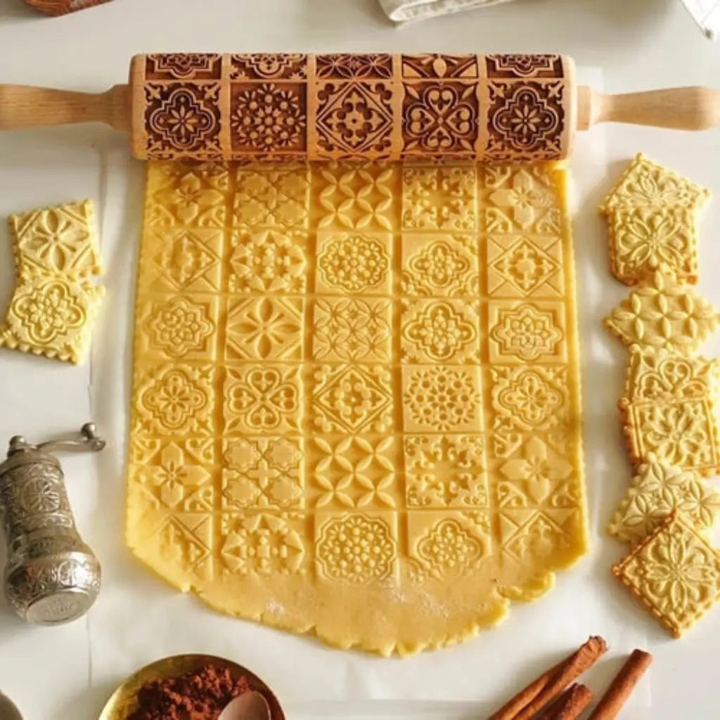 Rolo massa biscoito decorado pino artesanal de madeira 5 designs loja tazmo casa