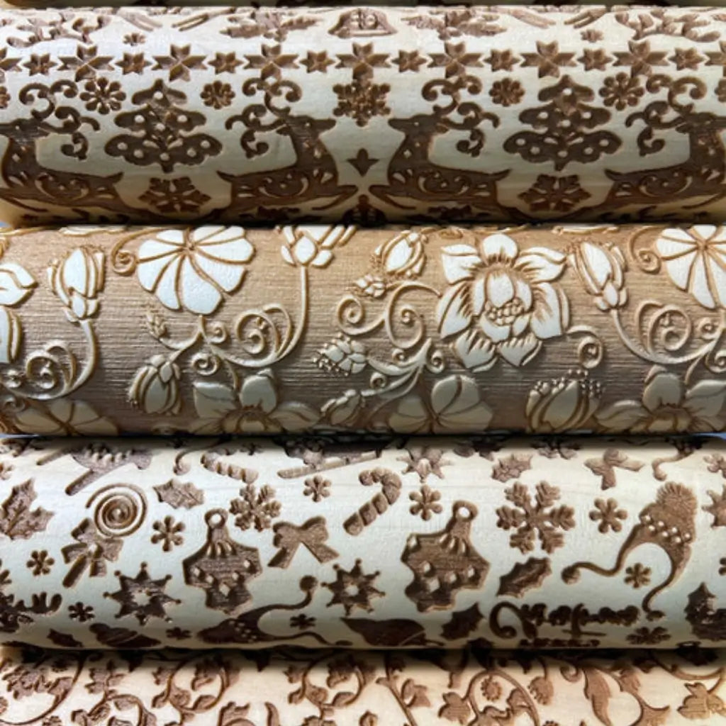 Rolo massa biscoito decorado pino artesanal de madeira 5 designs natalina 