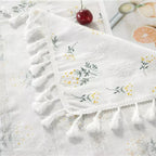 Toalha de mesa linho algodão com borla floral margarida forro de mesa branco floral  