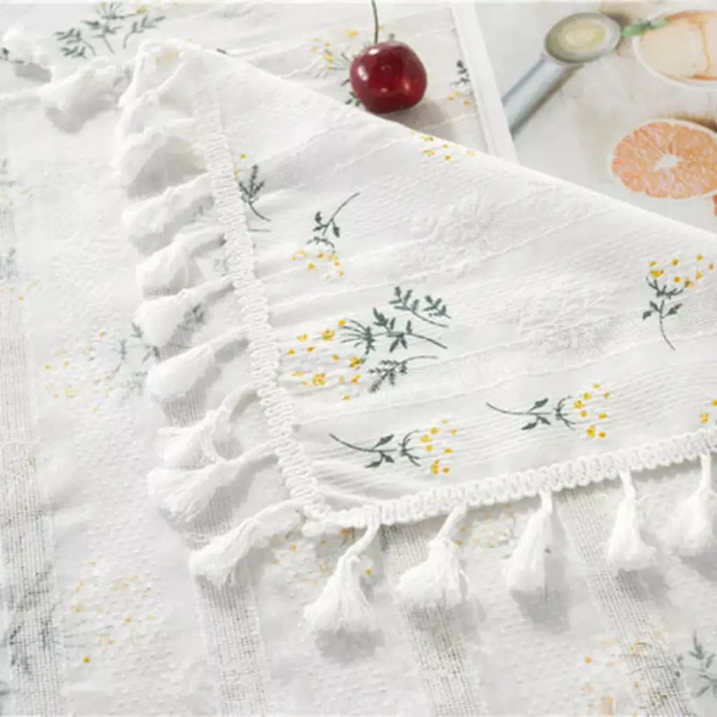 Toalha de mesa linho algodão com borla floral margarida forro de mesa branco floral  