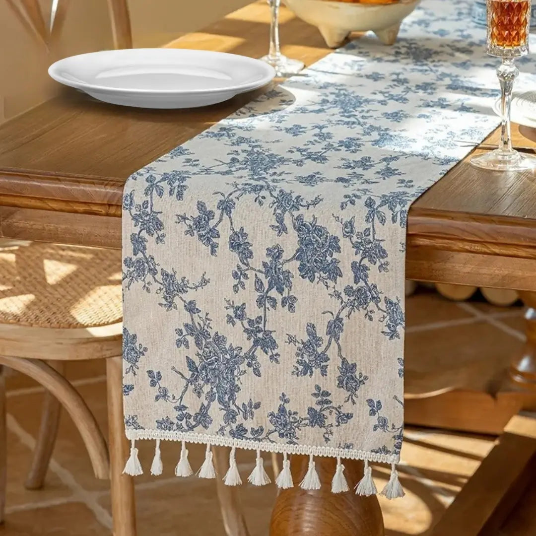 Caminho de mesa royal blue trilho floral orquídea vintage com borla sala de jantar 