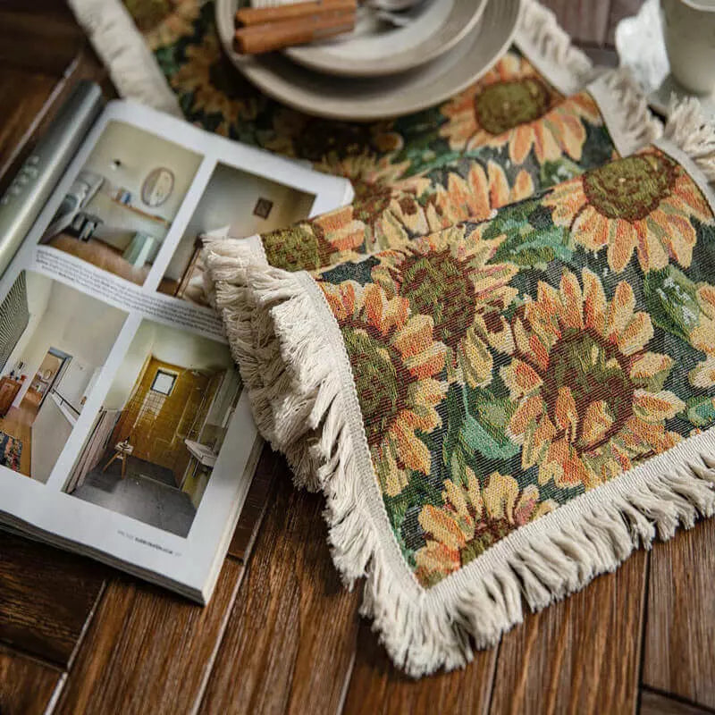 caminho de mesa retangular girassol decoração floral mesa de almoço 