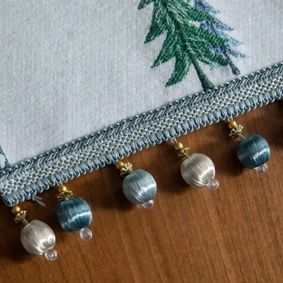 Caminho de Mesa Natal com Borla Trilho de Mesa Merry Christmas Tazmo Casa Detalhes e Acabamento das Bordas 