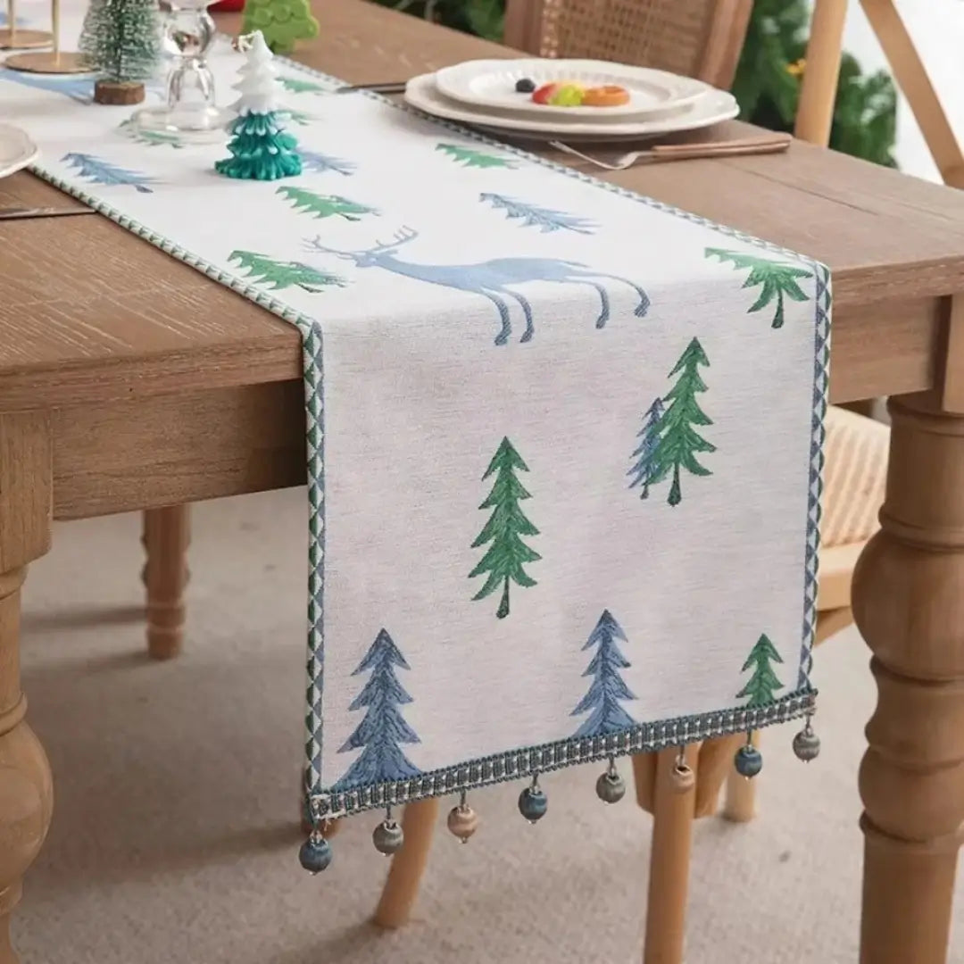 Caminho de Mesa Natal com Borla Trilho de Mesa Merry Christmas Tazmo Casa Decoração Árvore de Natal e Alce Bordado 
