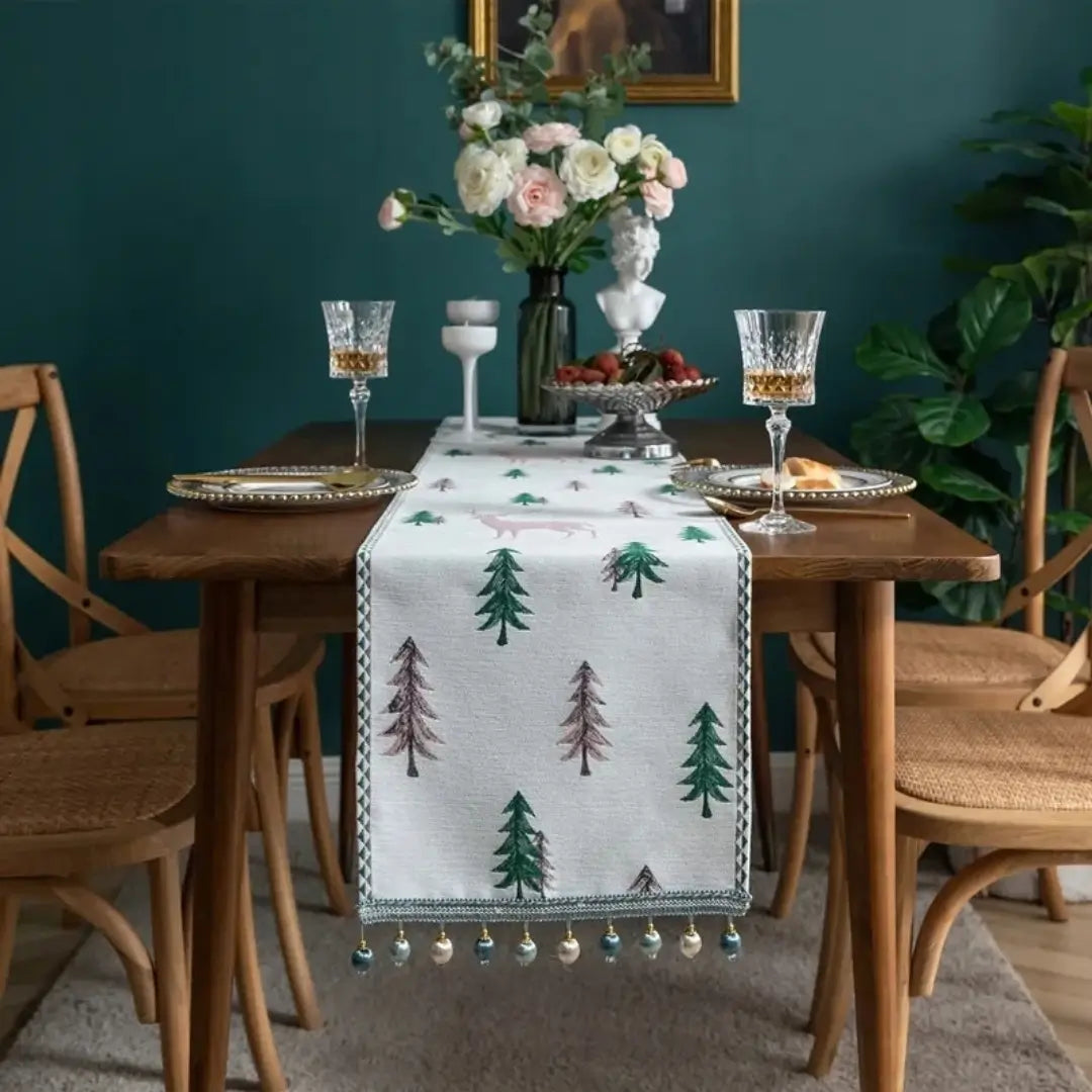 Caminho de Mesa Natal com Borla Trilho de Mesa Merry Christmas Tazmo Casa Verde com Rosa 