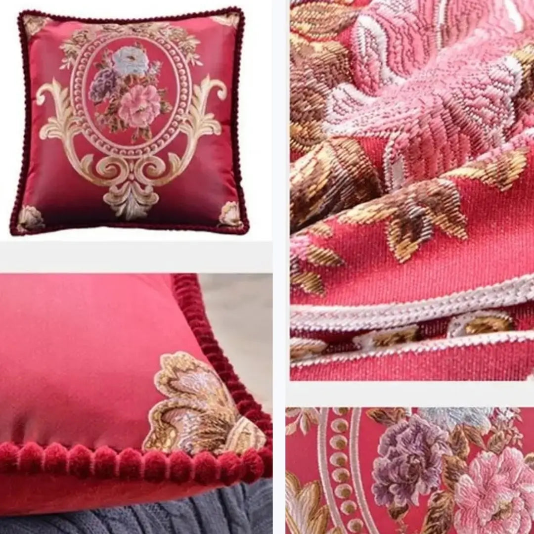 Capa de almofada bordada decorativa monarca Elisabeth vermelha mostrando os detalhes 