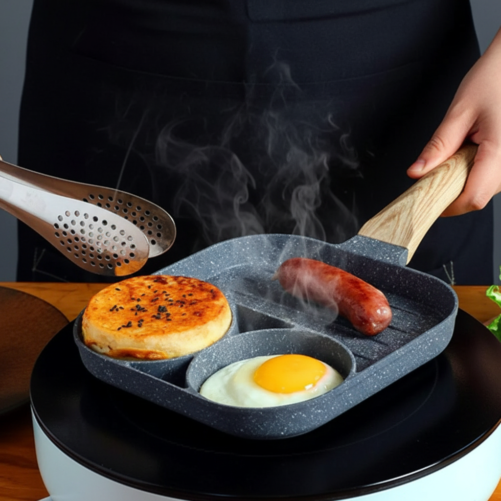 frigideira antiaderente 3 em 1 fogão indução grelhando calabresa, fritando ovo e fazendo panqueca ao mesmo temo 