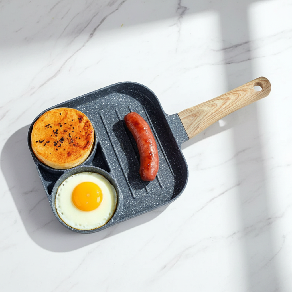 frigideira antiaderente 3 em 1 fogão indução flat lay café da manhã
