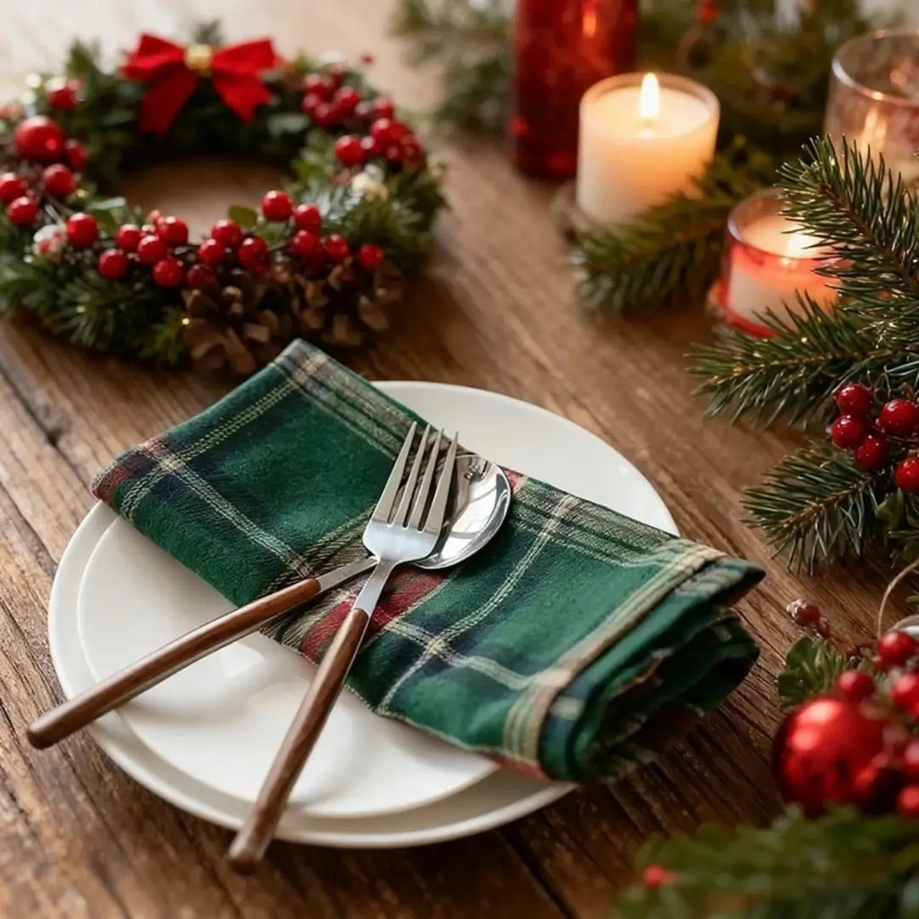 Guardanapos de Tecido Natal Kit Xadrez Escocês Tazmo Casa Mesa Posta Merry Christmas 