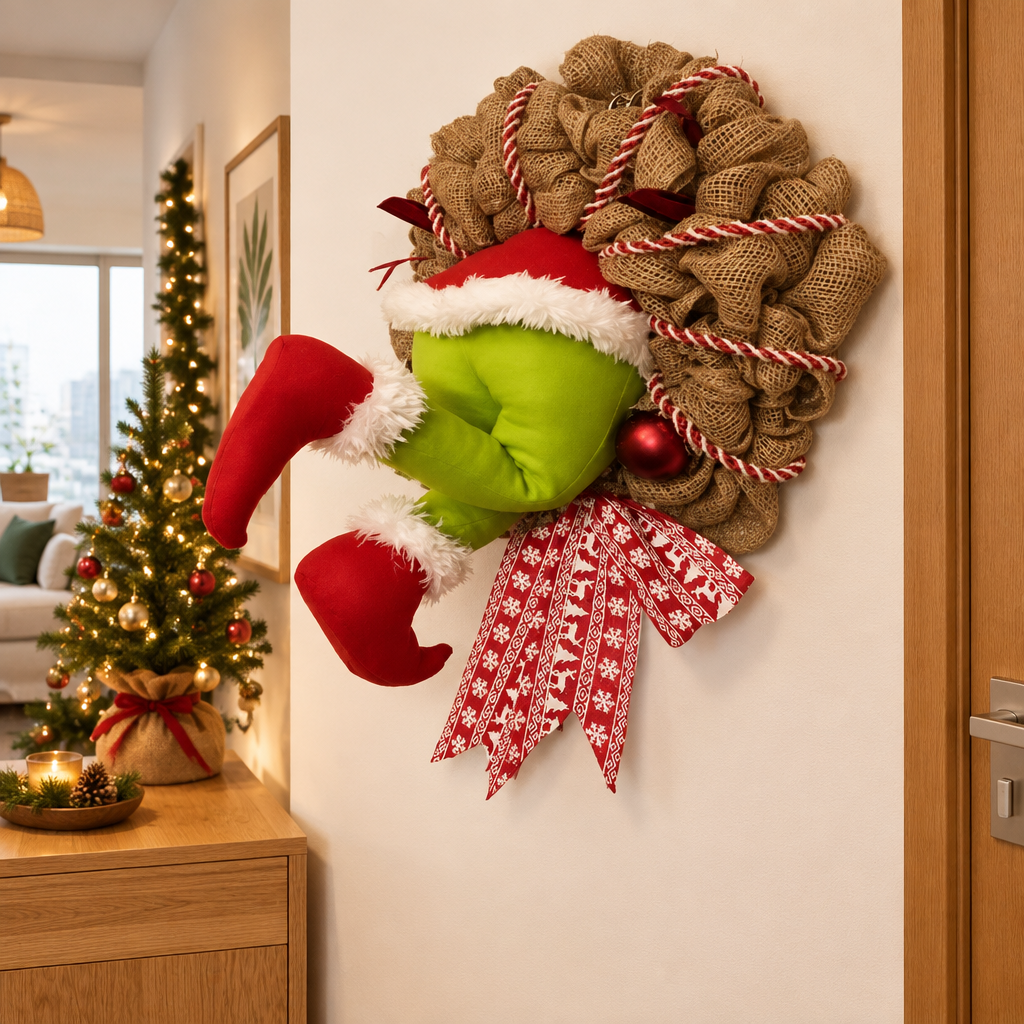 Guirlanda Grinch em um hall decorado para o Natal