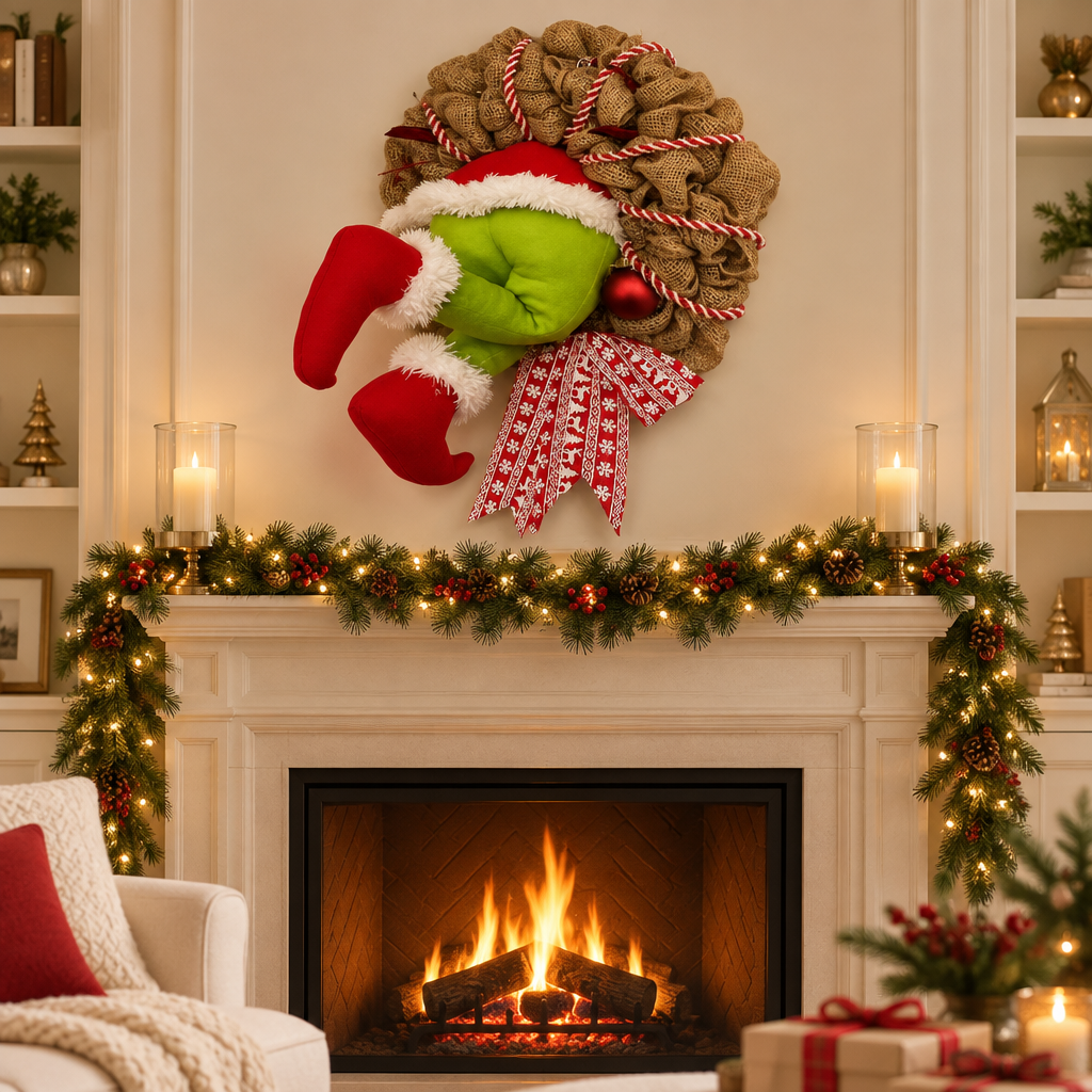 Guirlanda Grinch em uma sala natalina aconchegante tazmo casa 