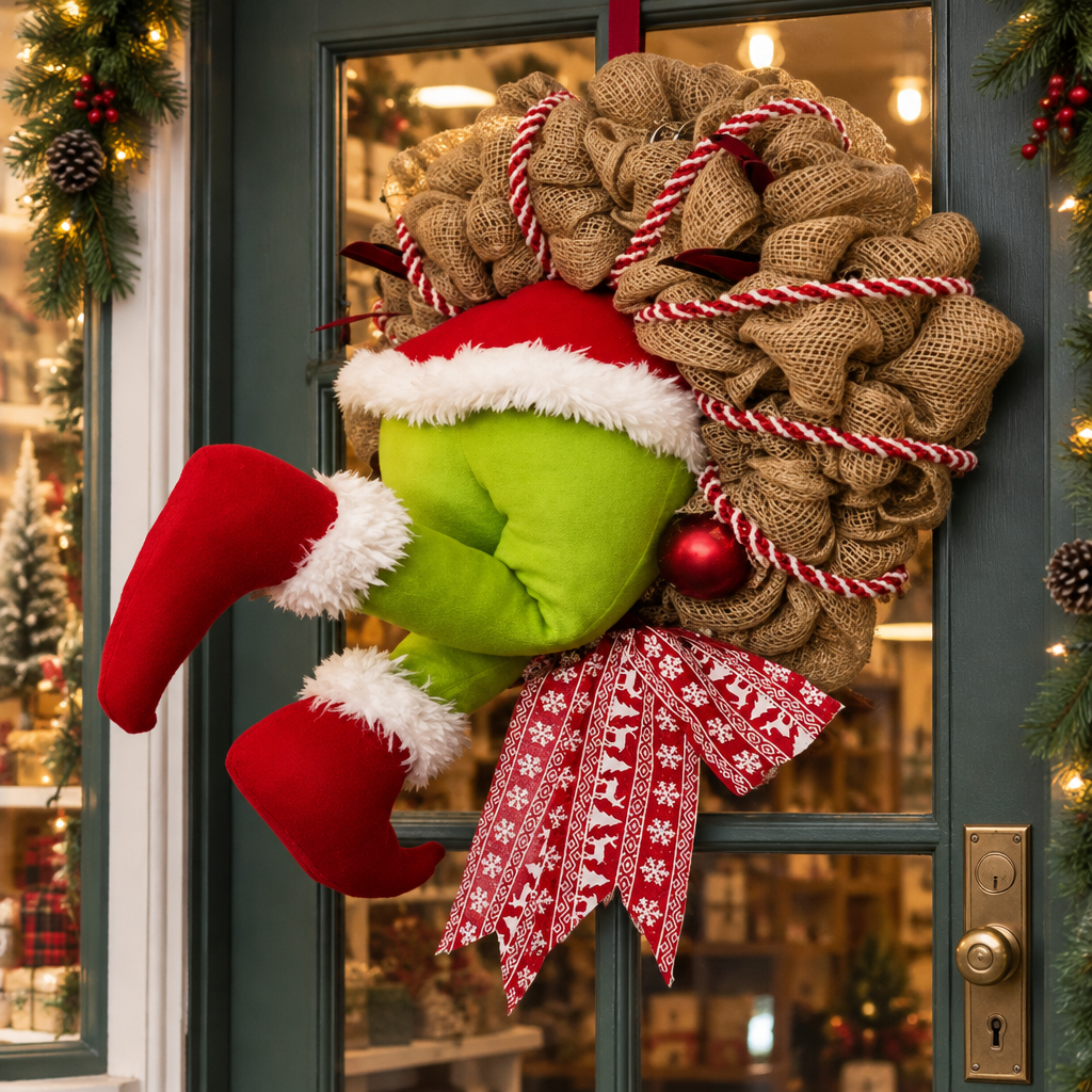 Guirlanda Grinch na entrada de uma loja decorada para o Natal tazmo casa 