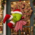 Guirlanda Grinch na entrada de uma loja decorada para o Natal tazmo casa 