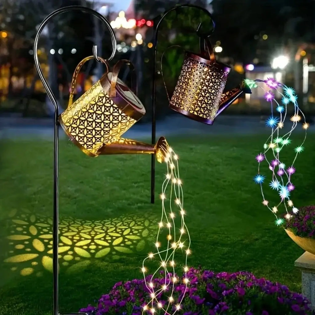 Lanterna regador iluminação led solar decoração jardim duas cores branco quente e colorido tazmo casa 
