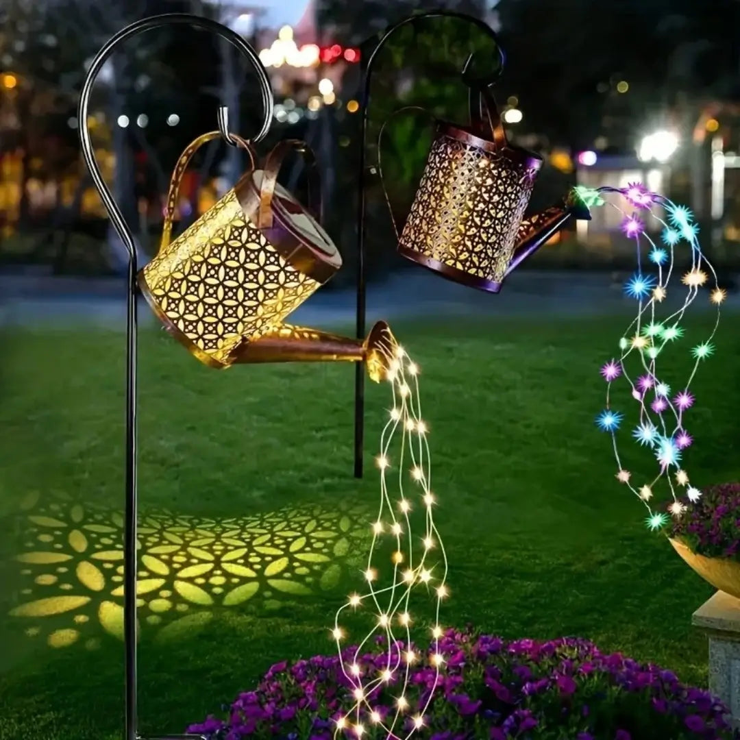 Lanterna regador iluminação led solar decoração jardim duas cores branco quente e colorido tazmo casa 