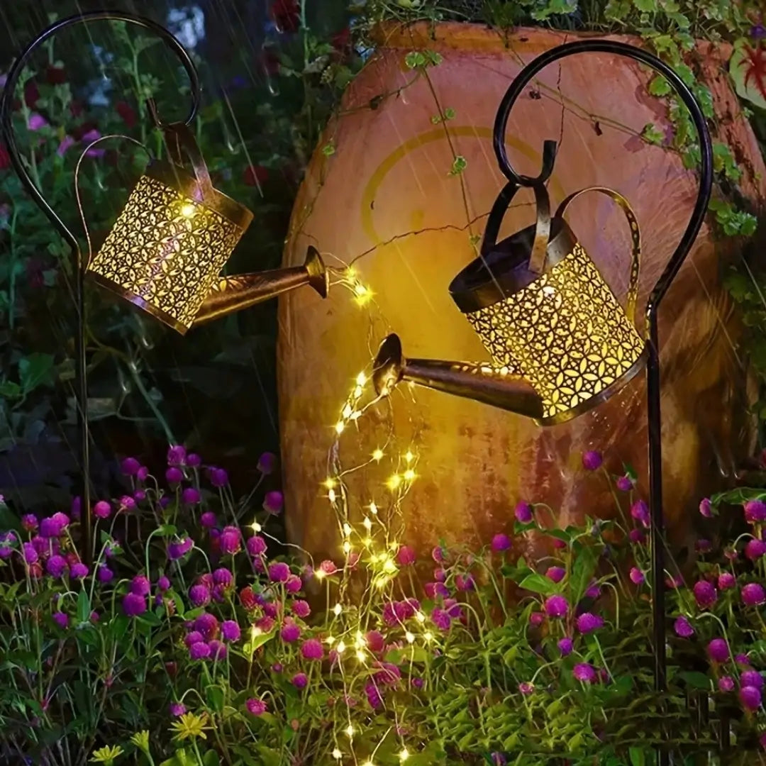 Lanterna regador iluminação led solar decoração jardim chovendo no quintal e iluminando lindamente 