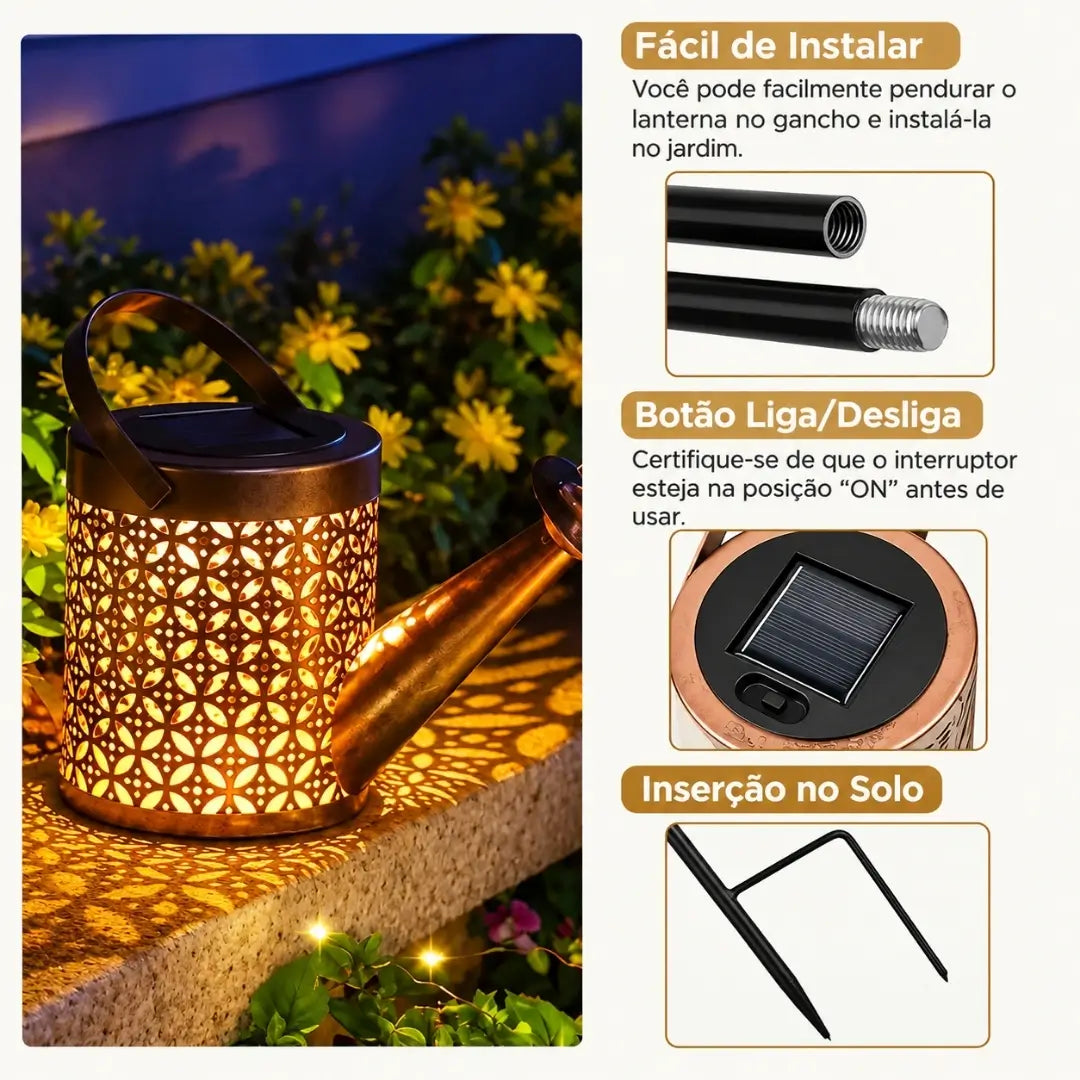 Lanterna regador iluminação led solar decoração jardim fácil de instalar 