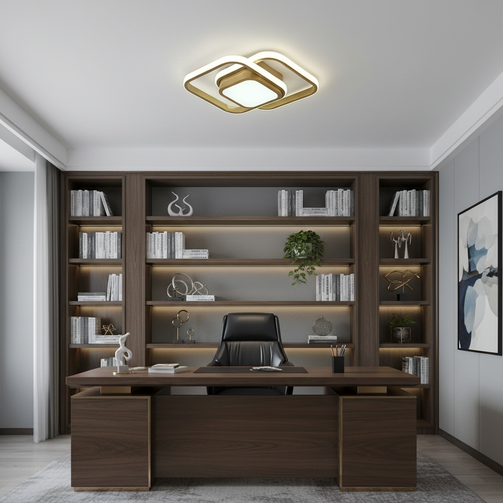 Luminária de teto LED dourada para escritório quadrada tazmo casa modelo home office