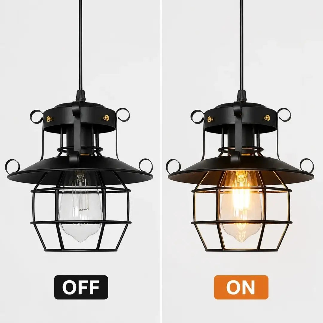 luminária de teto rustica aragon lustre decoração casa tazmo lâmpada desligada e ligada 