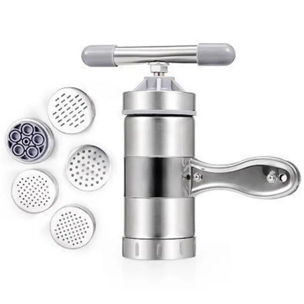 Máquina de macarrão manual de aço inox artesanal tazmo casa com 5 moldes mostrando o kit completo para pasta 