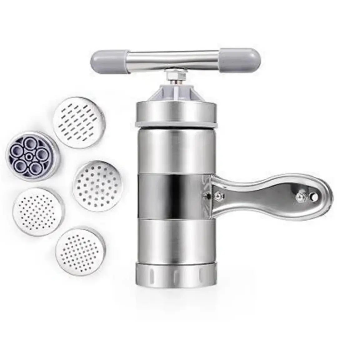 Máquina de macarrão manual de aço inox artesanal tazmo casa com 5 moldes mostrando o kit completo para pasta 