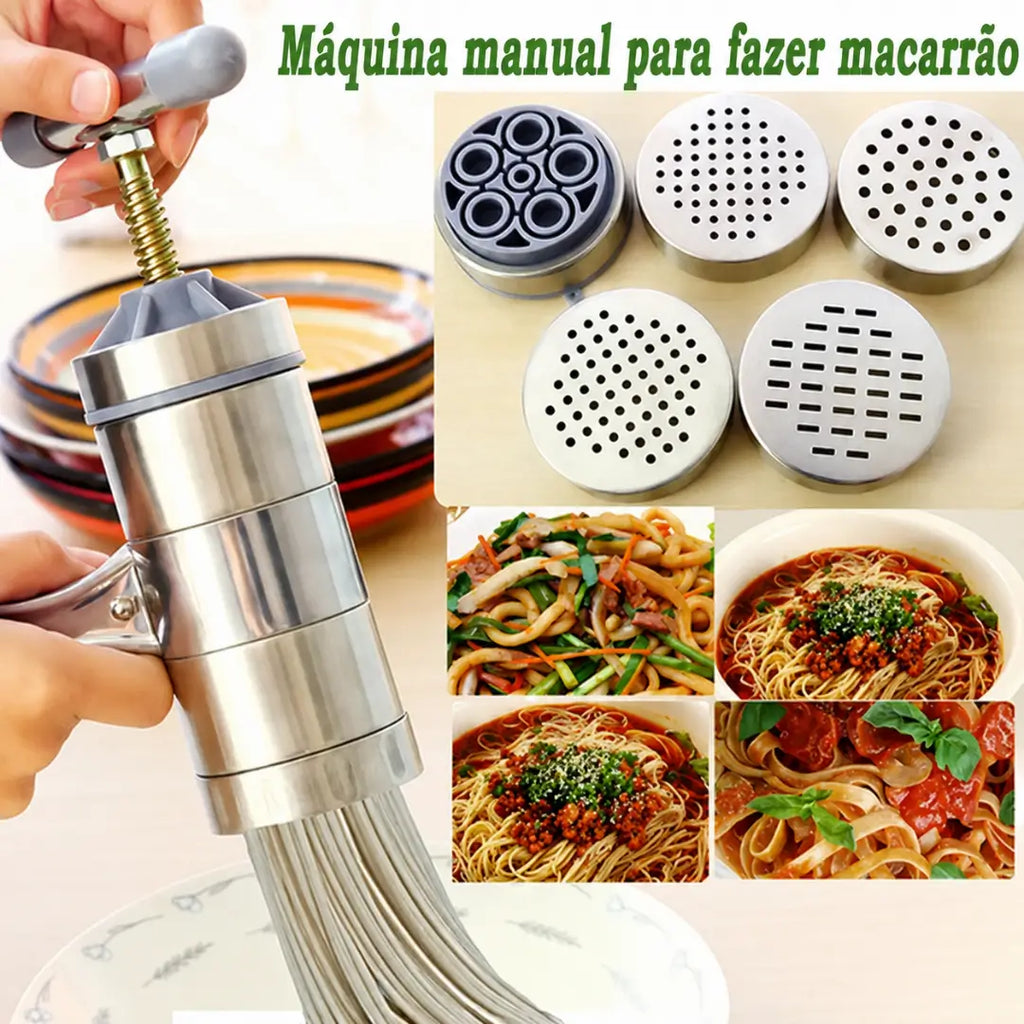 Máquina de macarrão manual de aço inox artesanal tazmo casa mostrando os moldes e como fica os macarrões em 5 espessura 