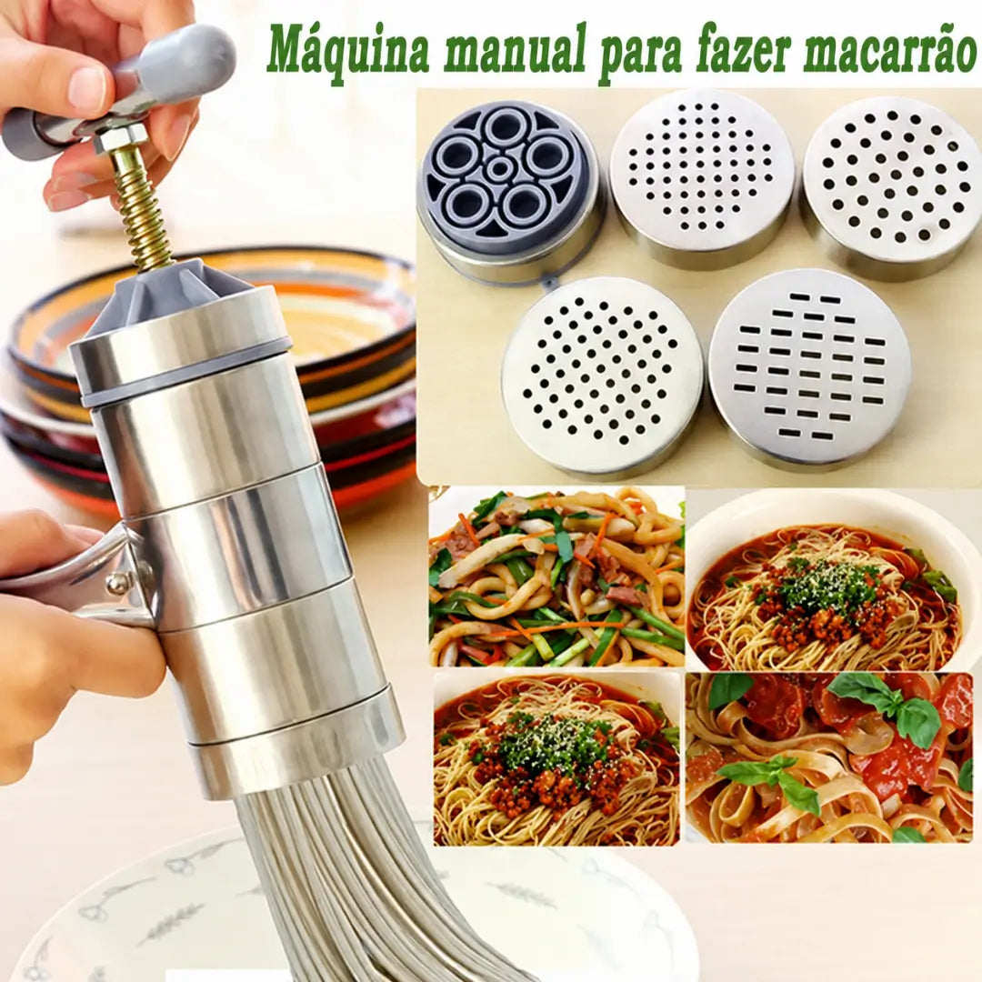 Máquina de macarrão manual de aço inox artesanal tazmo casa mostrando os moldes e como fica os macarrões em 5 espessura 