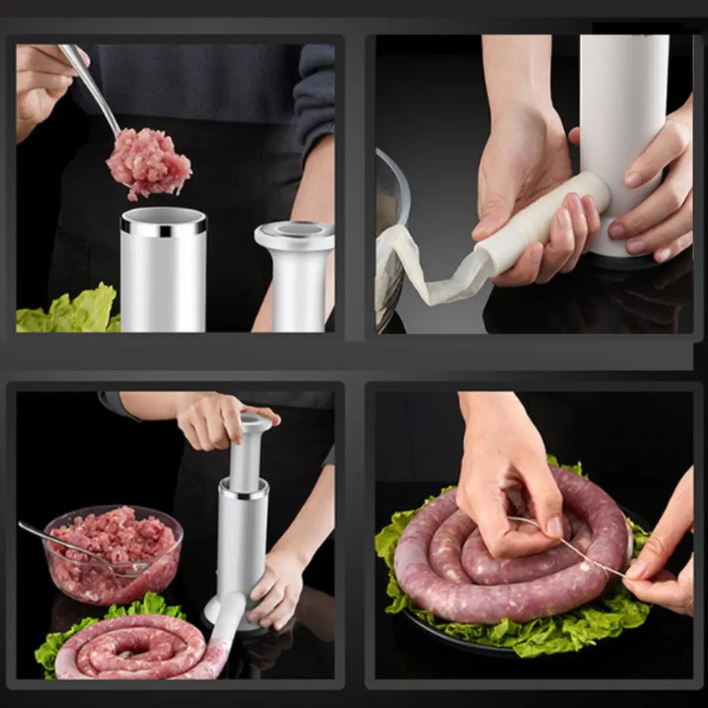 Máquina manual para linguiça e almôndega artesanal tazmo casa em quatro etapas de preparo utilizando a carne moída e tripa de porco 