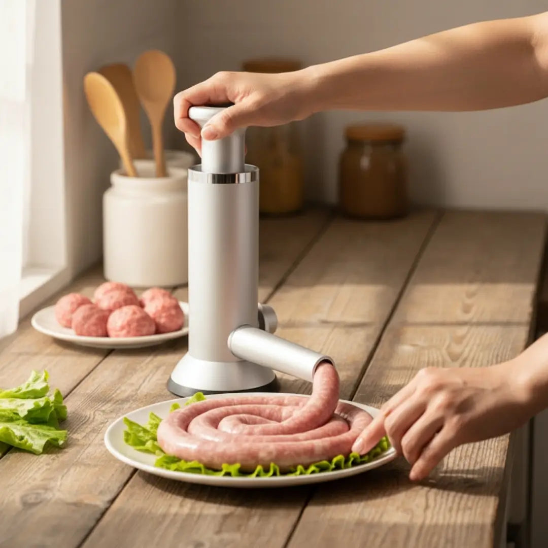 Máquina manual para linguiça e almôndega artesanal tazmo casa preparando alimentos na cozinha com tripa de porco  