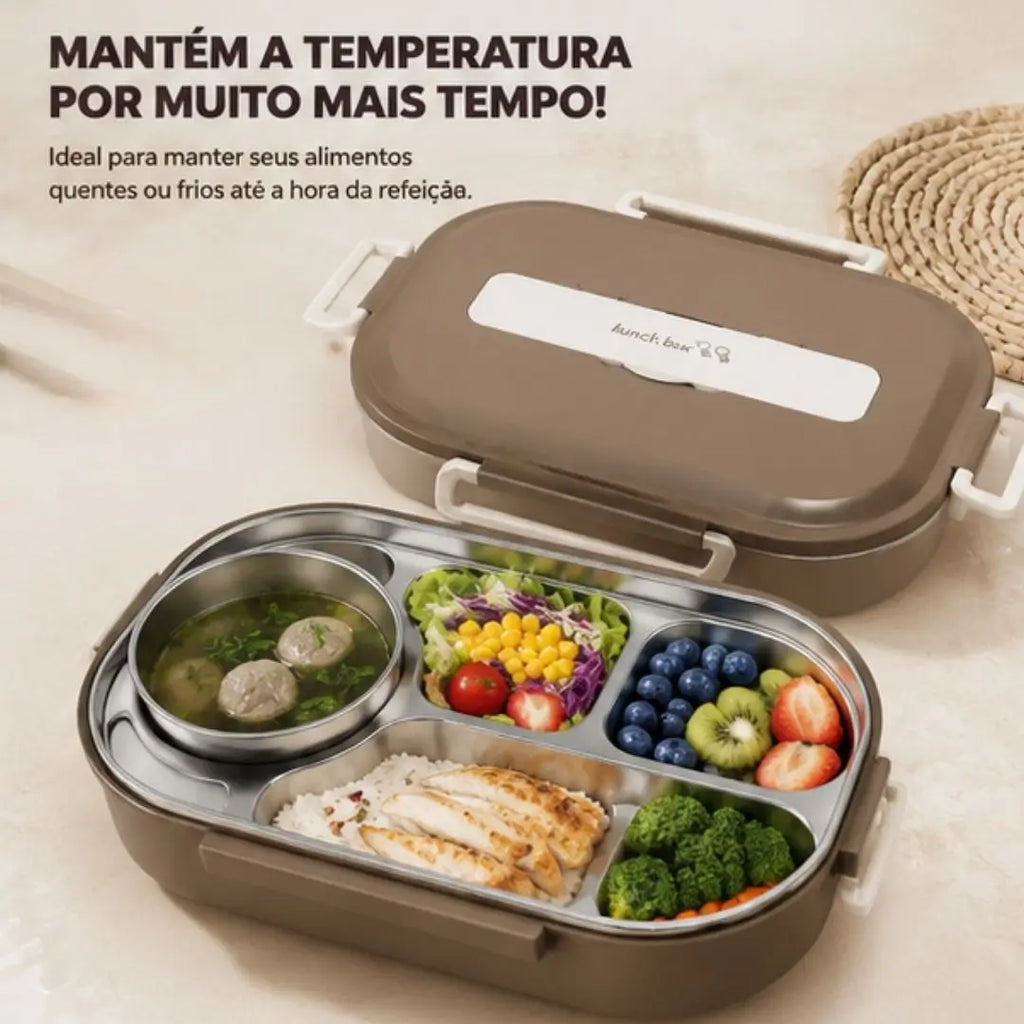 Marmita térmica de Inox com divisória naomi mayumi marrom mantém a temperatura por muito mais tempo 