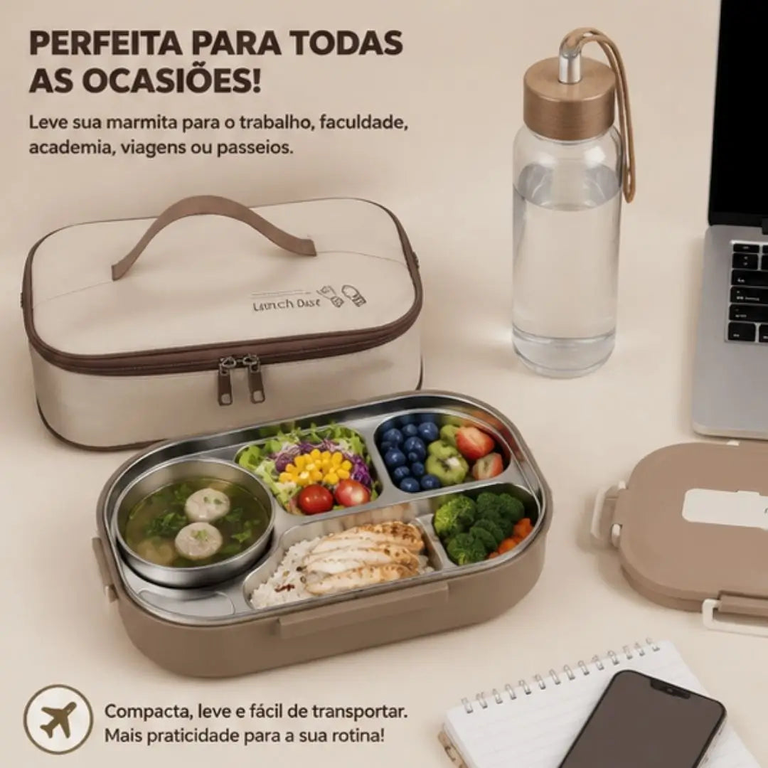 Marmita térmica de Inox com divisória naomi mayumi marrom leve para trabalho, faculdade, academia ou viagens. 