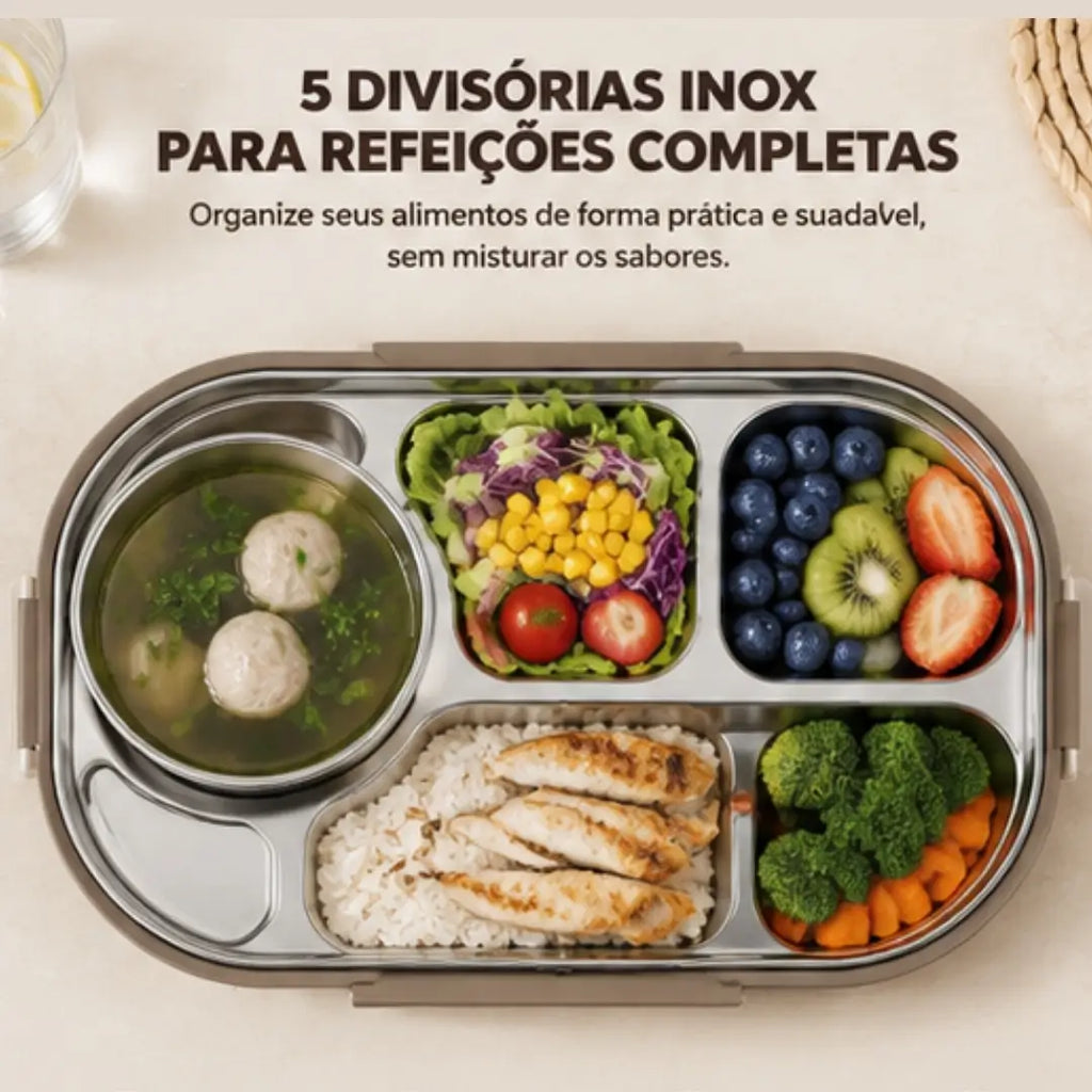 Marmita térmica de Inox com divisória naomi mayumi marrom 5 divisórias para refeições completas tazmo casa 
