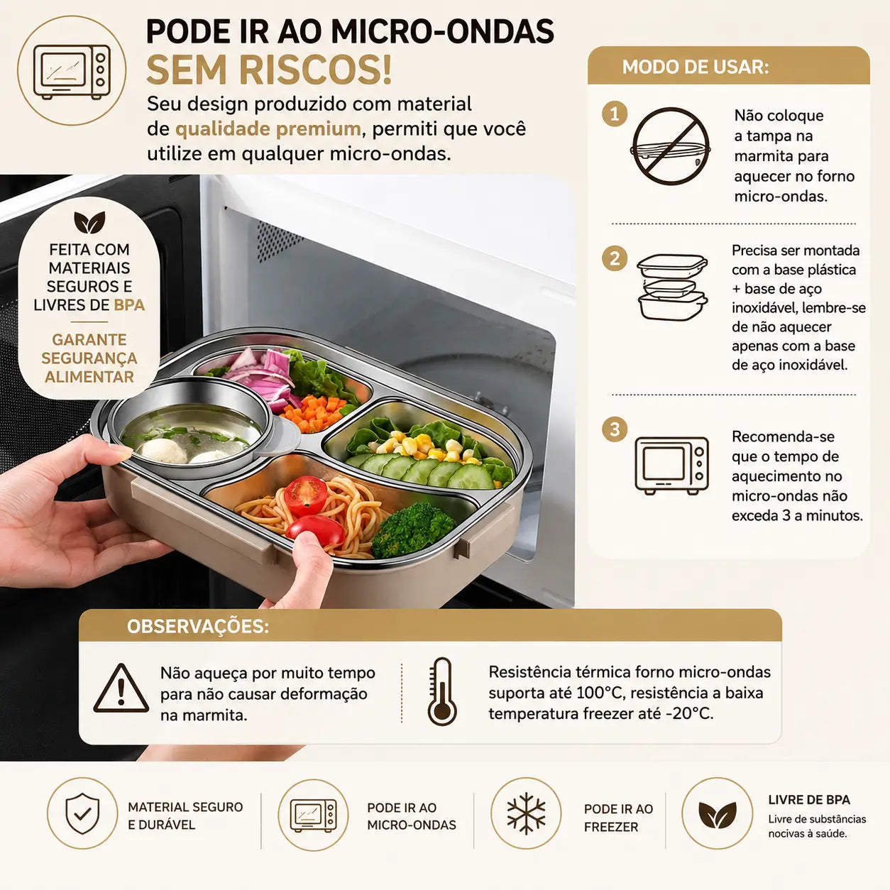 Marmita de inox pode ir ao microondas marmita térmica com divisória marrom tazmo casa