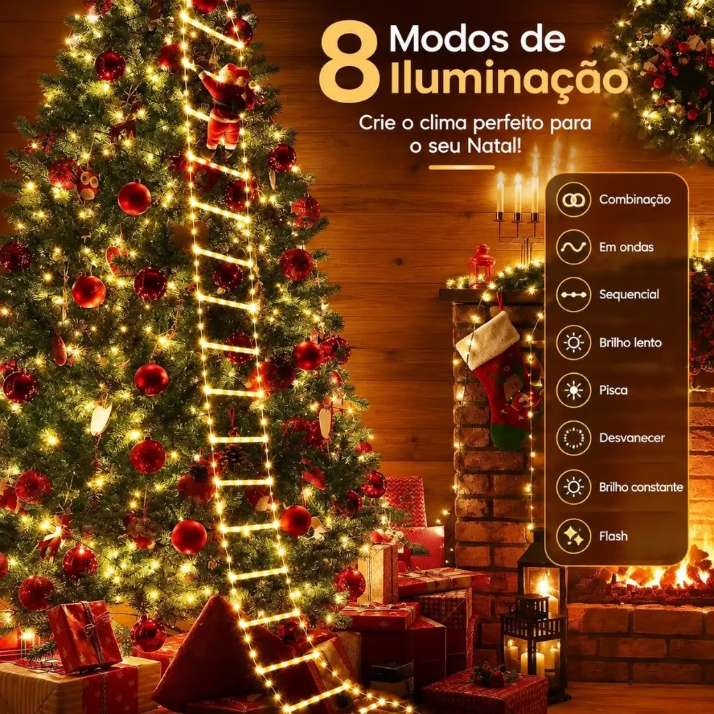 Papai Noel na Escada Decoração de Natal Luz Led Merry Christmas 8 Modos de Iluminação Natalina 