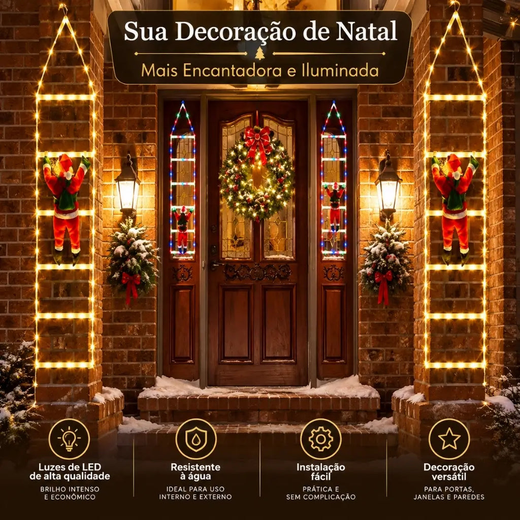 Papai Noel na Escada Decoração de Natal Luz Led Merry Christmas Encantadora e Iluminada Tazmo Casa 