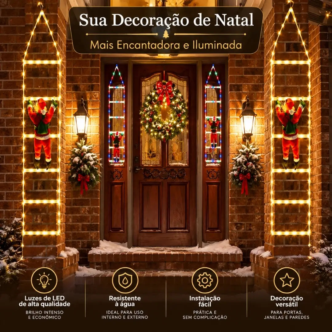 Papai Noel na Escada Decoração de Natal Luz Led Merry Christmas Encantadora e Iluminada Tazmo Casa 